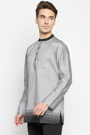 Buy Men's Poly Cottton Printed Short Kurta in Grey Online - Side