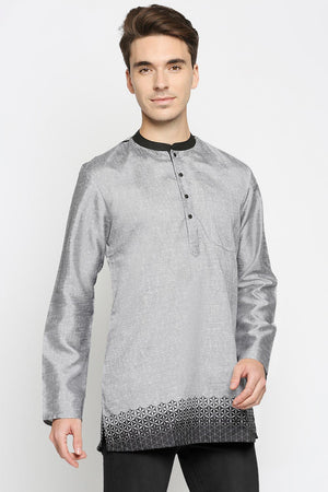 Buy Men's Poly Cottton Printed Short Kurta in Grey Online - Front