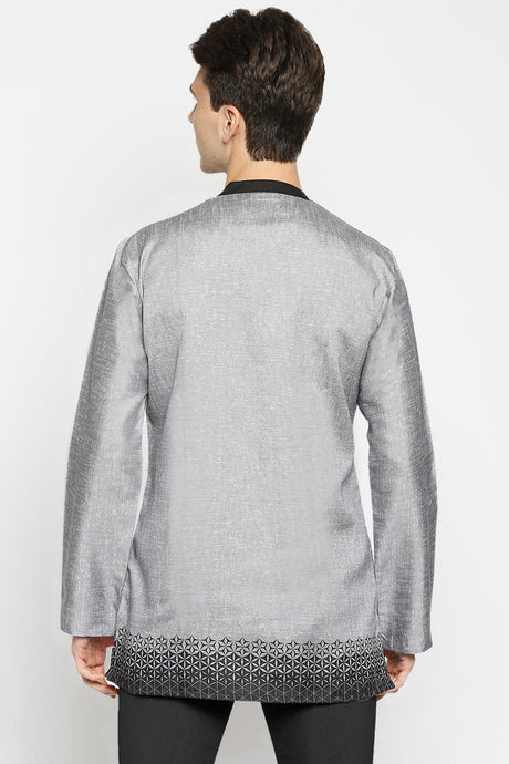 Buy Men's Poly Cottton Printed Short Kurta in Grey Online - Back