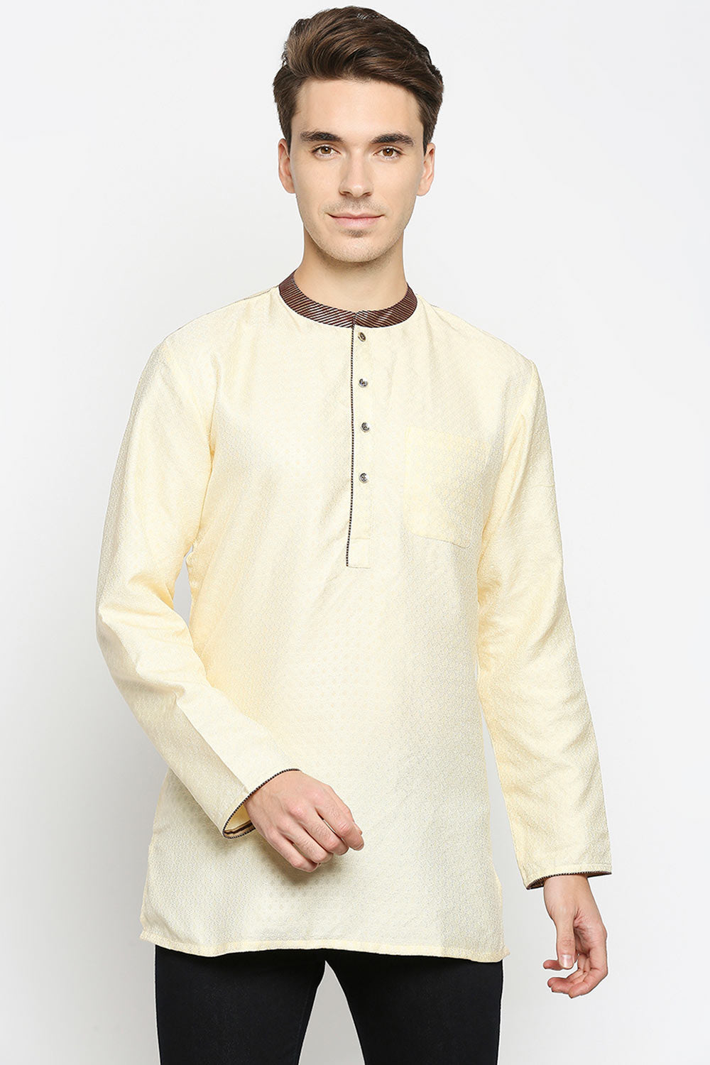 Buy Men's Poly Cottton Woven Short Kurta in Cream Online