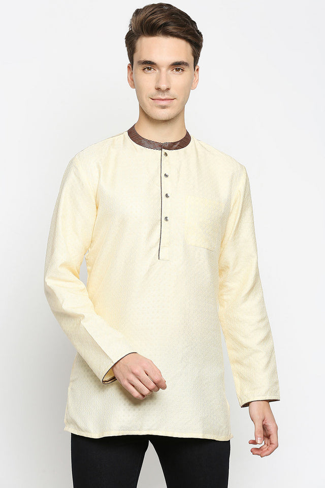 Buy Men's Poly Cottton Woven Short Kurta in Cream Online