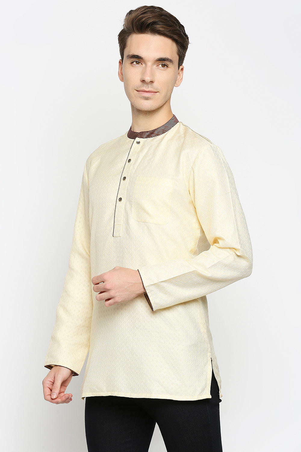 Buy Men's Poly Cottton Woven Short Kurta in Cream Online - Side
