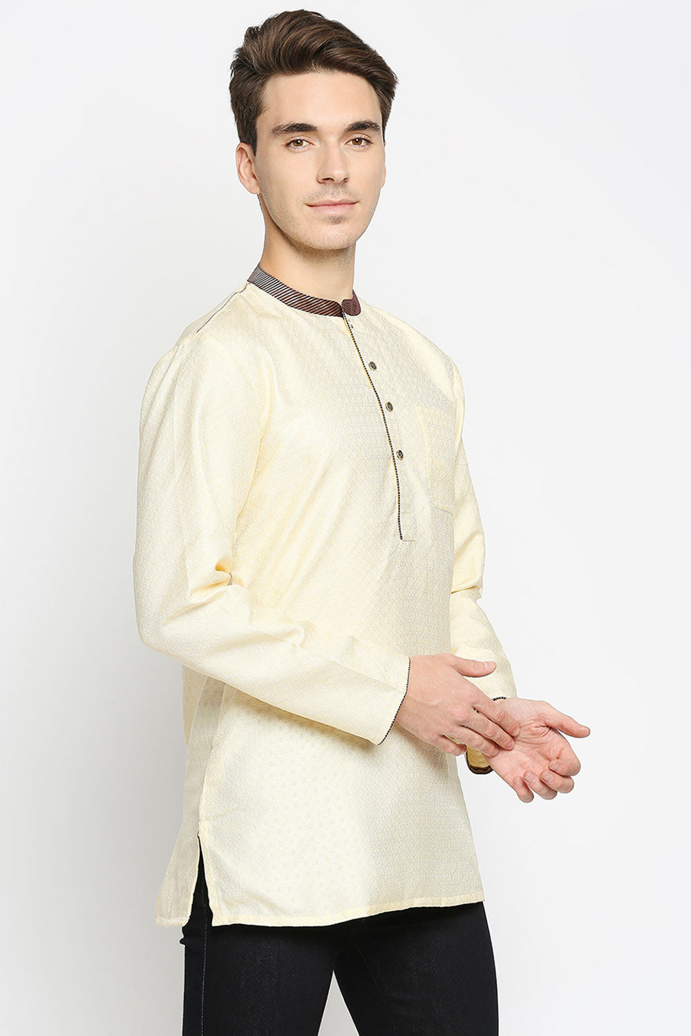 Buy Men's Poly Cottton Woven Short Kurta in Cream Online - Front