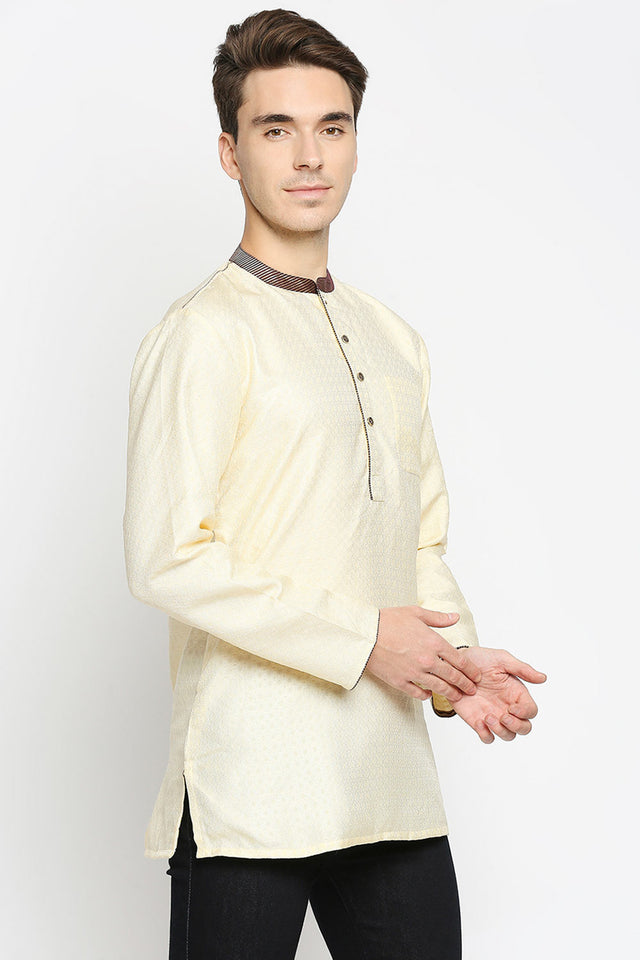 Buy Men's Poly Cottton Woven Short Kurta in Cream Online - Front