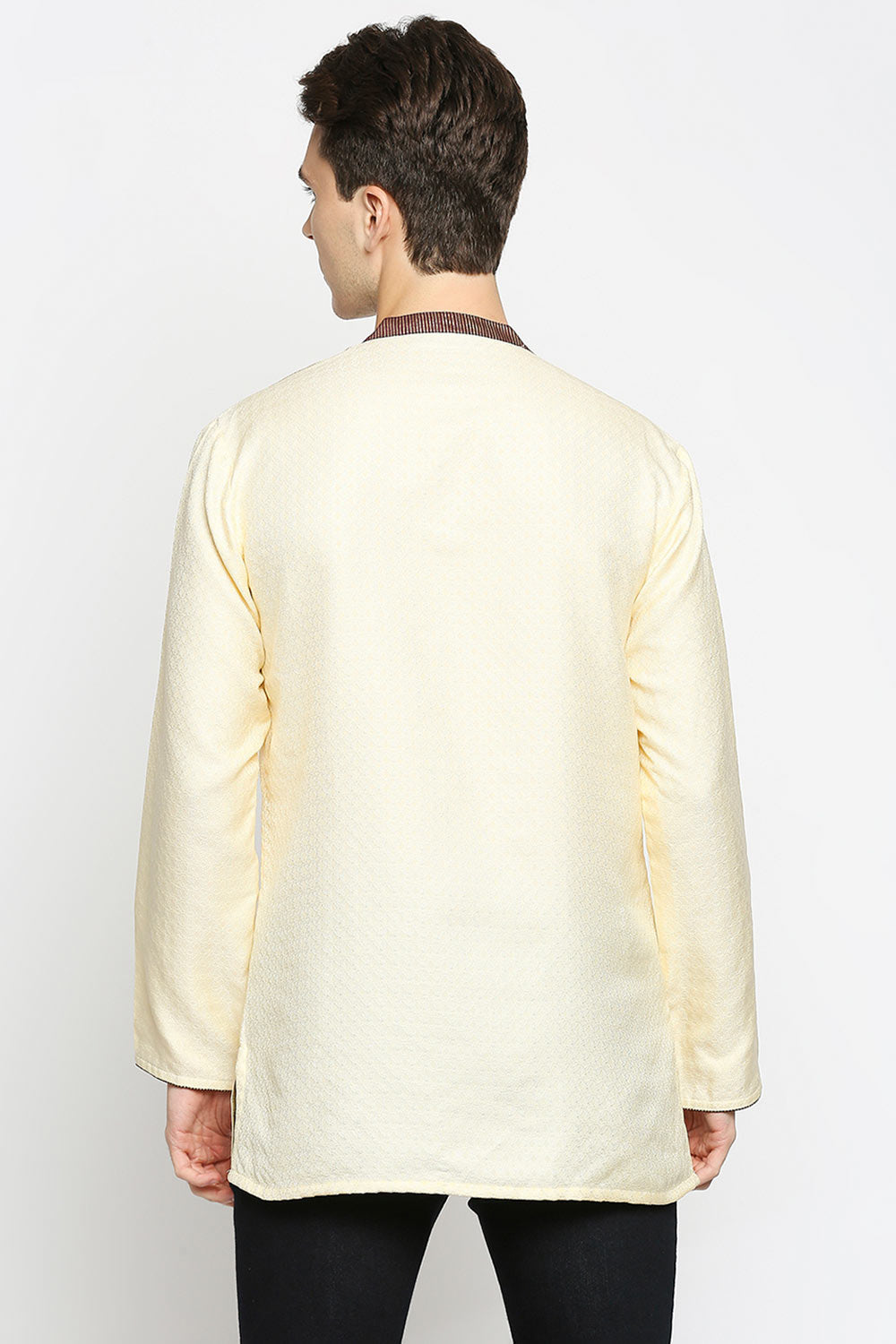 Buy Men's Poly Cottton Woven Short Kurta in Cream Online - Back