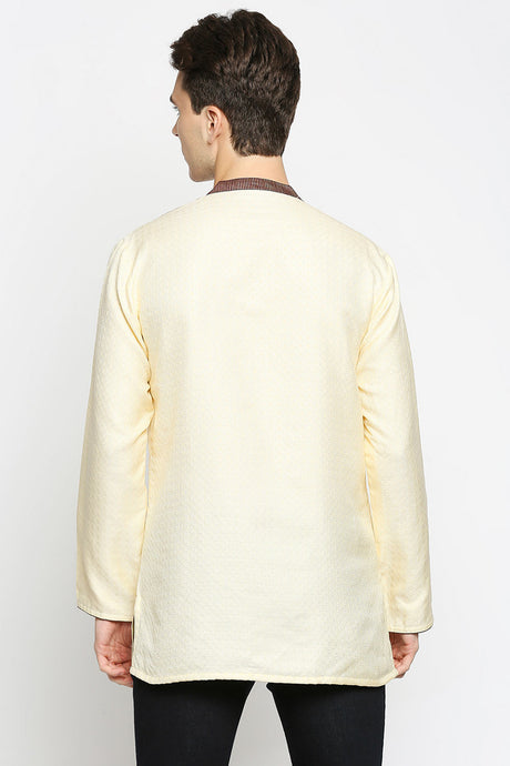 Buy Men's Poly Cottton Woven Short Kurta in Cream Online - Back
