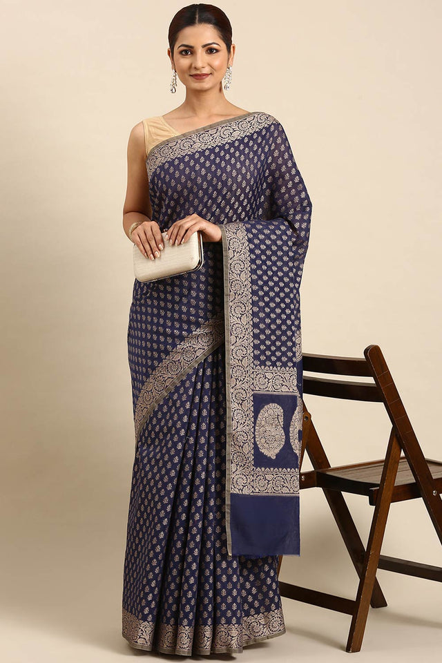 Blue Art Silk Block Saree