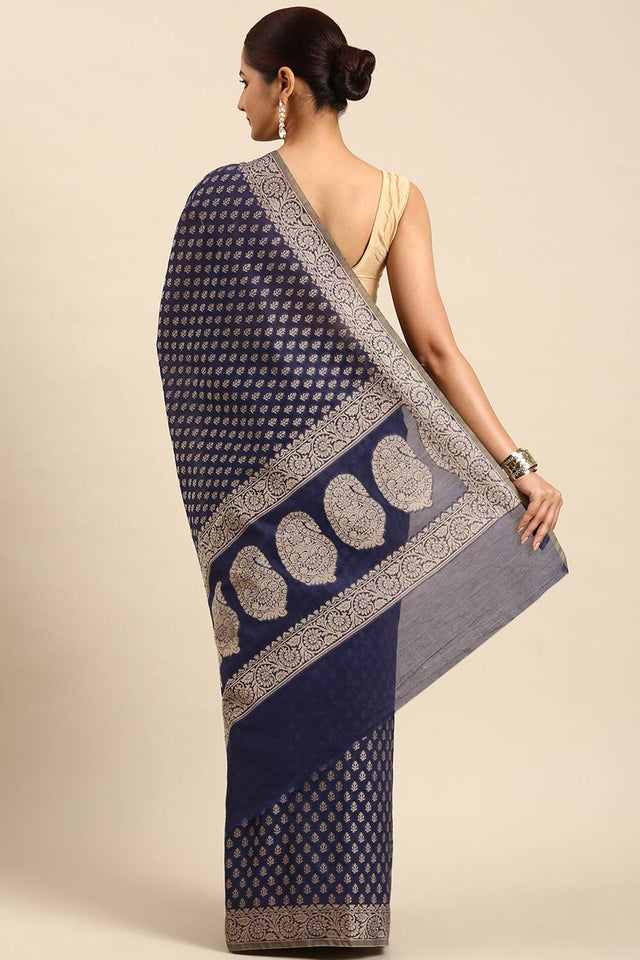 Blue Art Silk Block Saree