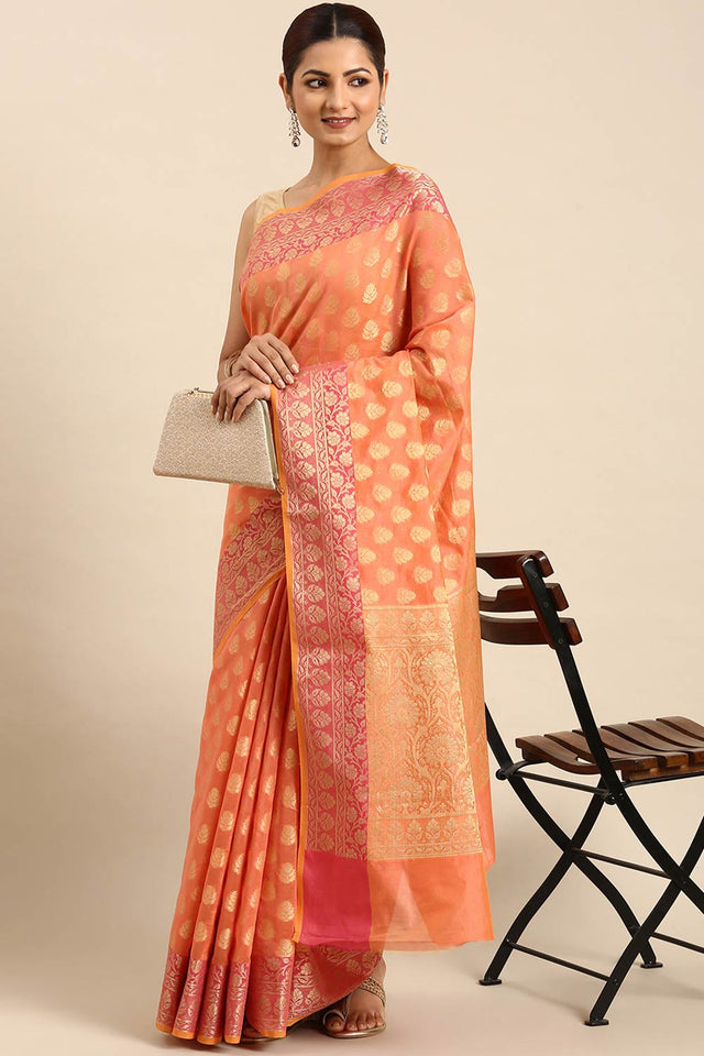 Orange Art Silk Block Saree