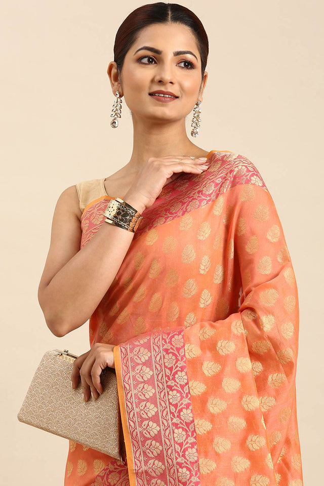 Orange Art Silk Block Saree