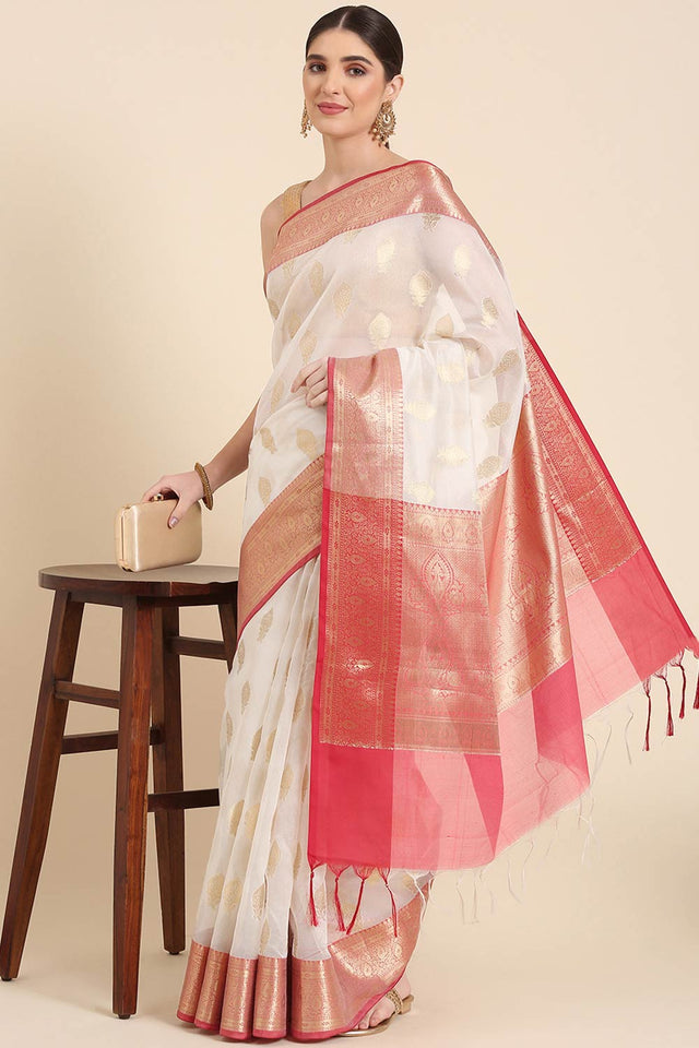 White Silk Blend Self-Design Saree