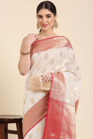 White Silk Blend Self-Design Saree