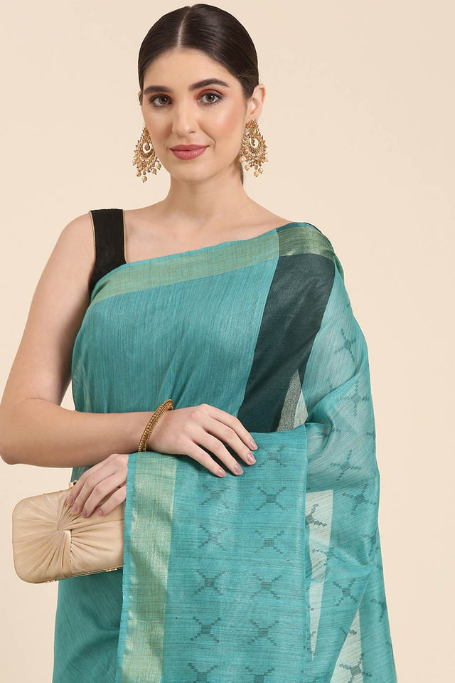 Blue Silk Blend Self-Design Saree