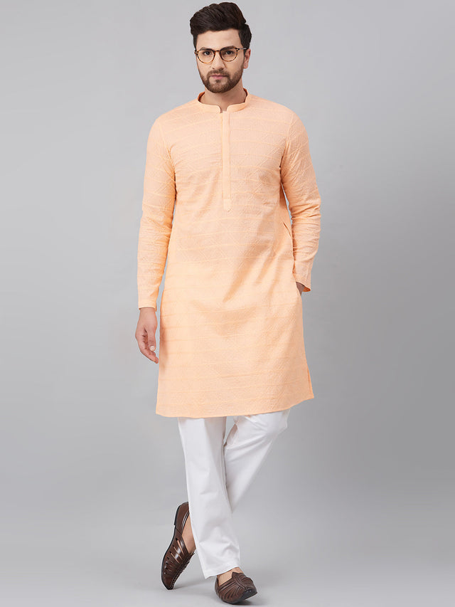 Buy Men's Peach Cotton Chikankari Embroidered Kurta Pajama Set Online