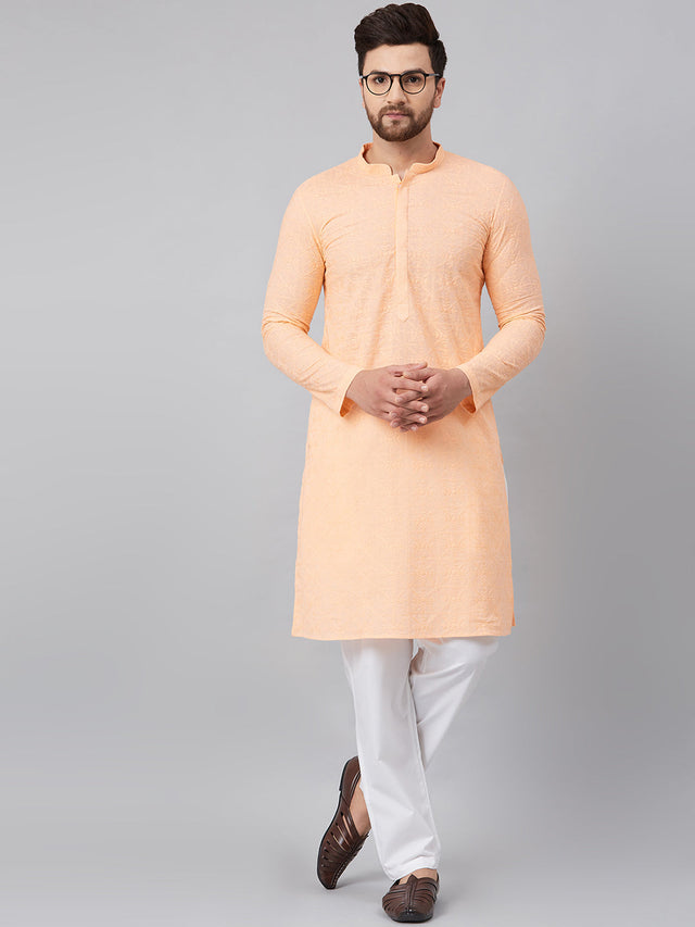 Buy Men's Peach Cotton Chikankari Embroidered Kurta Pajama Set Online
