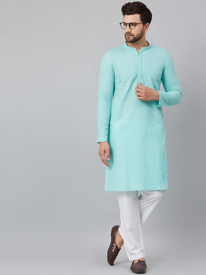 Buy Men's Turquoise Blue Cotton Chikankari Embroidered Kurta Pajama Set Online