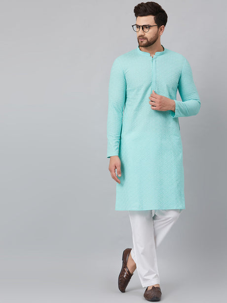 Buy Men's Turquoise Blue Cotton Chikankari Embroidered Kurta Pajama Set Online