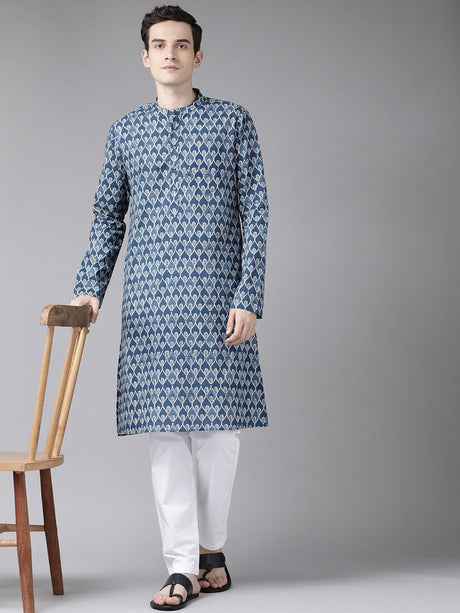 Buy Men's Blue Cotton Printed Straight Kurta Online