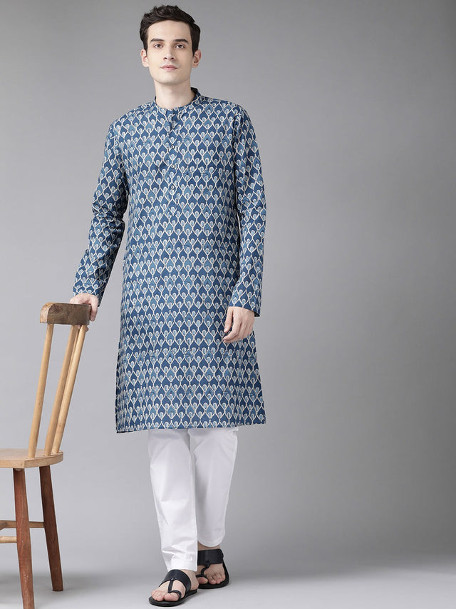Buy Men's Blue Cotton Printed Straight Kurta Online