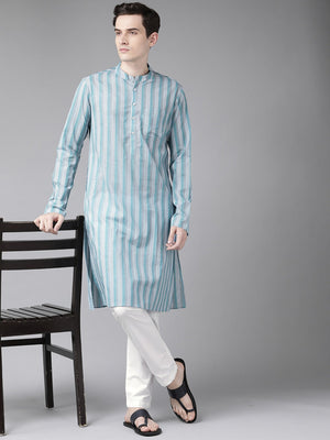 Buy Men's Multi Cotton Stripe Printed Straight Kurta Online