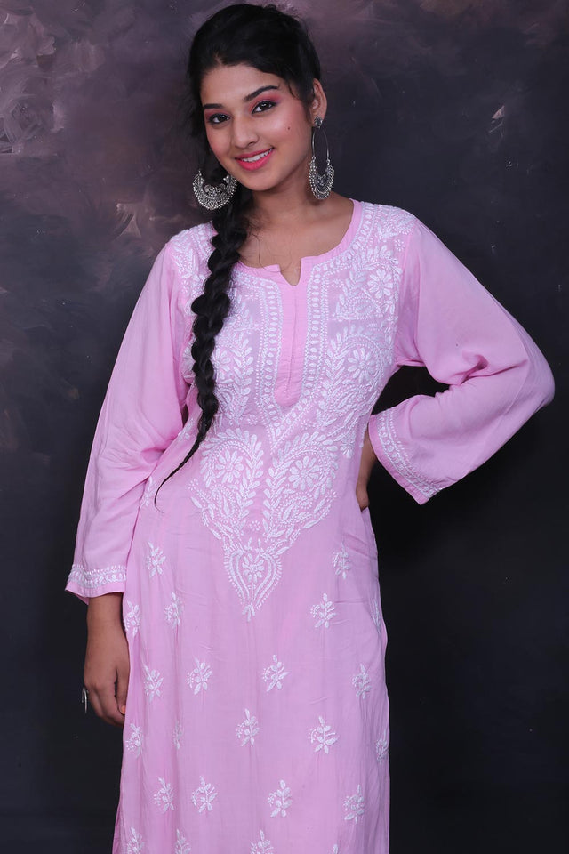 Hand Embroidered Chikankari Kurti And Palazzo Set In Pink