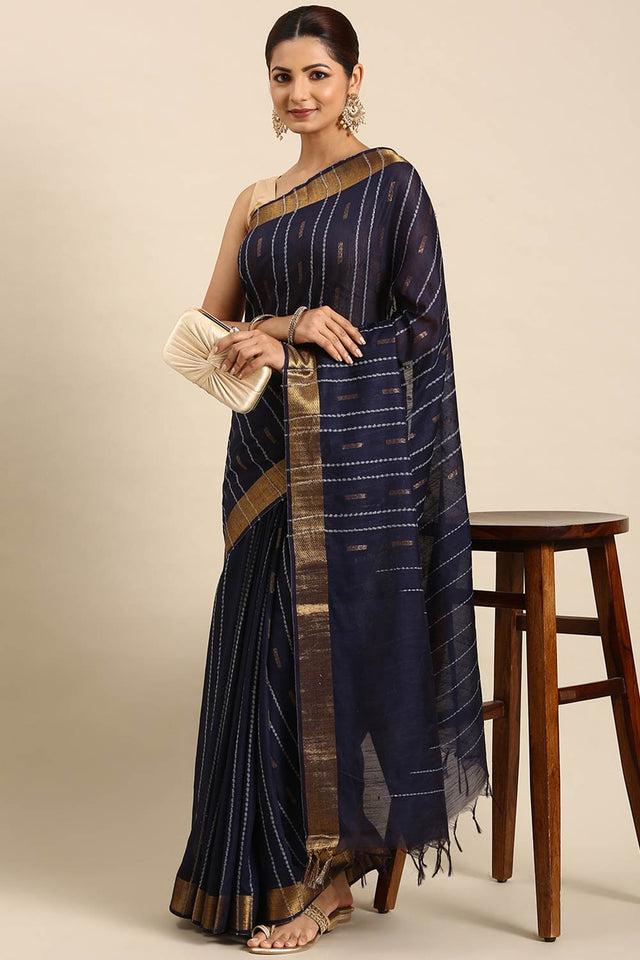 Blue Art Silk Block Saree