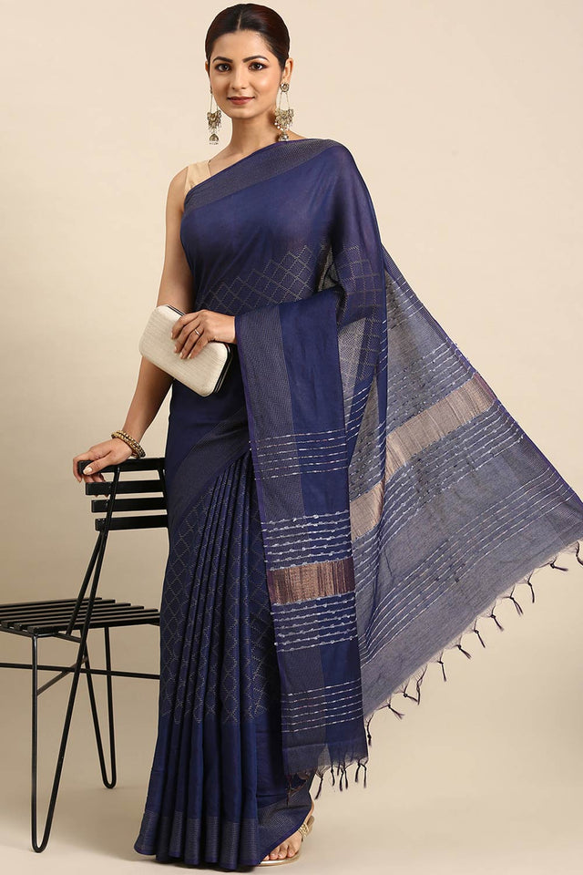 Blue Art Silk Block Saree