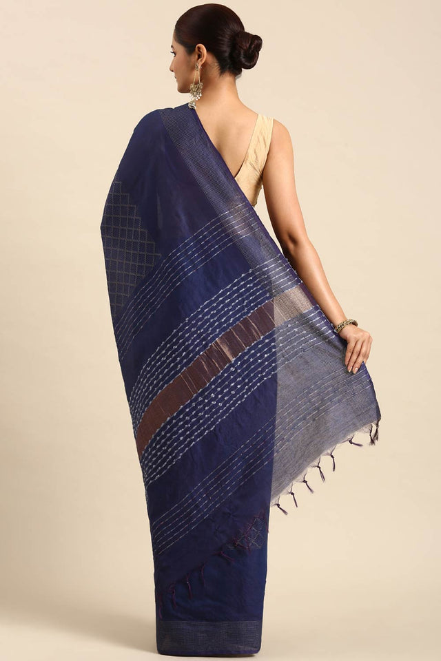 Blue Art Silk Block Saree