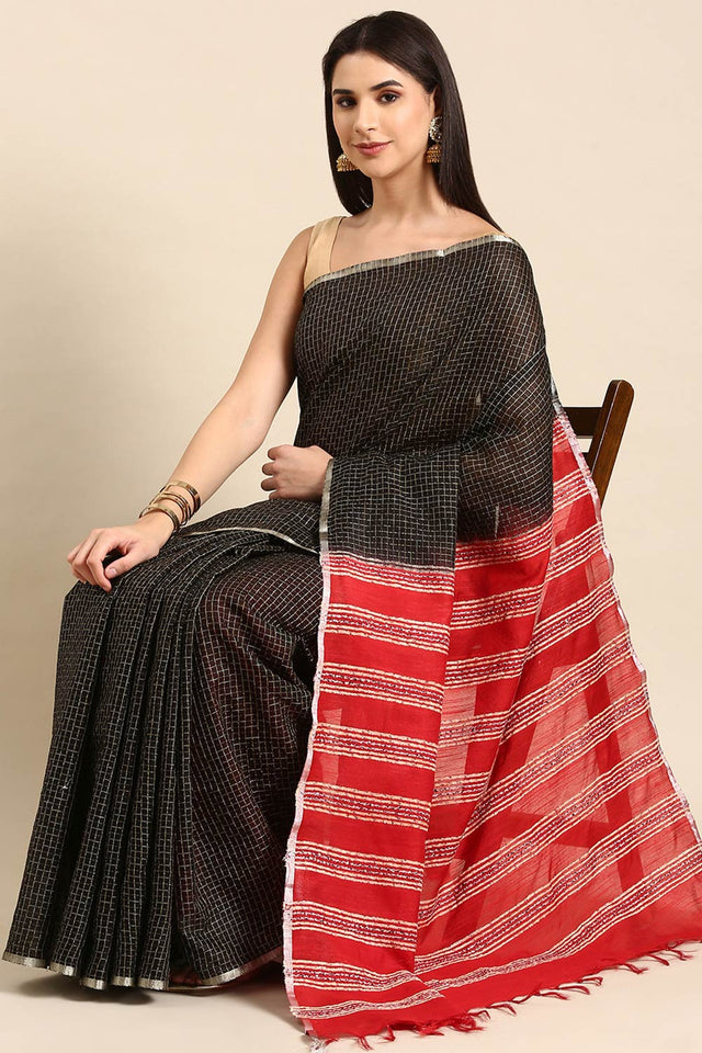 Black Art Silk Block Saree