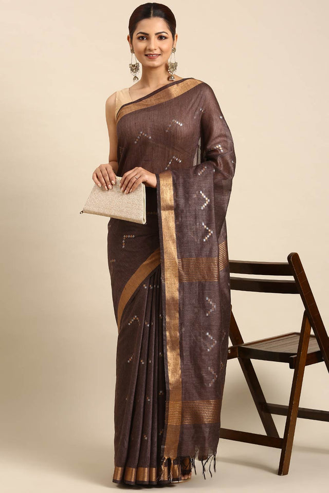 Brown Art Silk Block Saree
