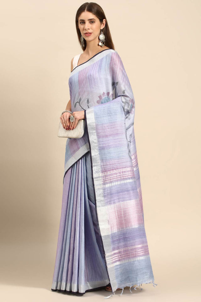 Blue Cotton Floral Saree