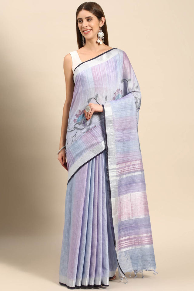 Blue Cotton Floral Saree