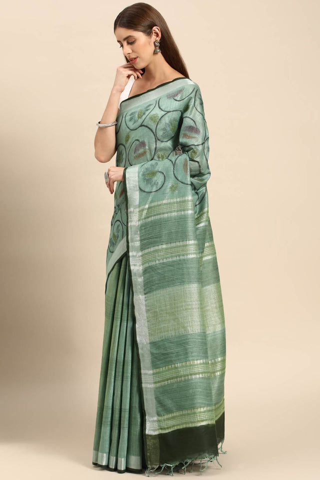 Green Cotton Floral Saree
