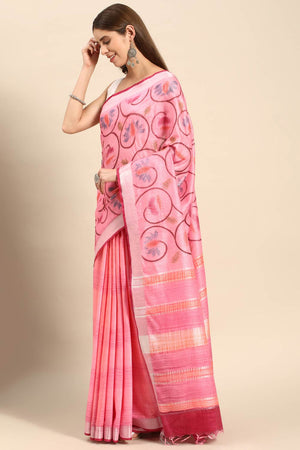 Pink Cotton Floral Saree