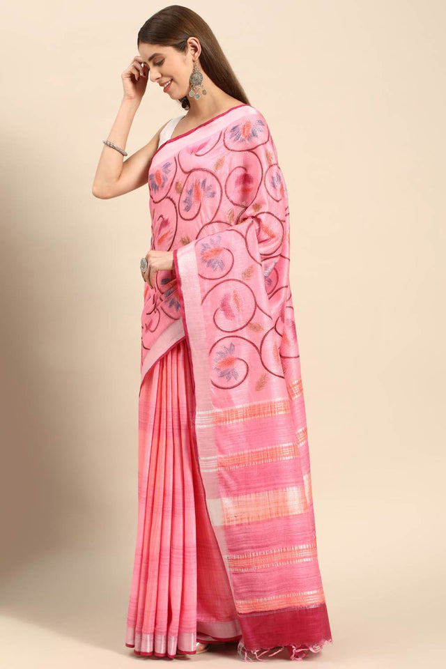 Pink Cotton Floral Saree