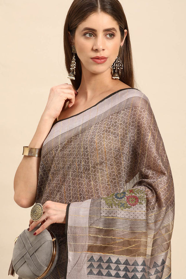 Grey Art Silk Embellished Saree