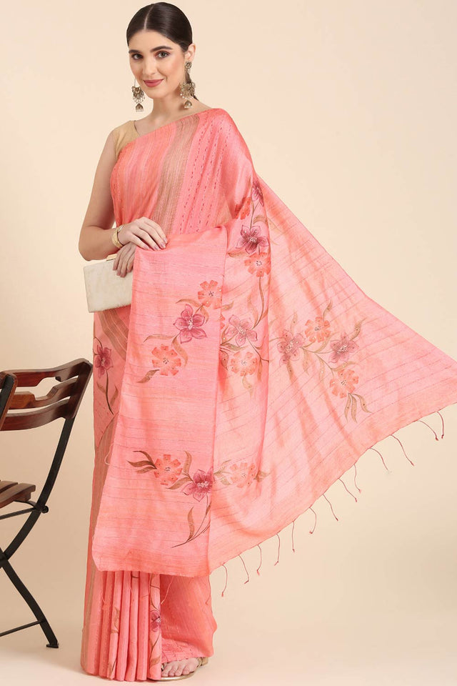 Peach Silk Blend Self-Design Saree