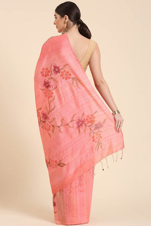 Peach Silk Blend Self-Design Saree