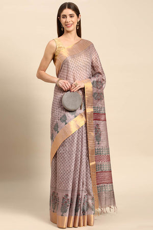 Grey Art Silk Block Saree