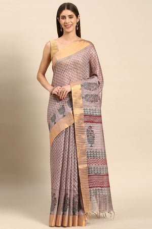 Grey Art Silk Block Saree