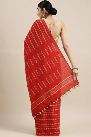 Buy Silk Blend Zari Woven Saree in Red Online - Back