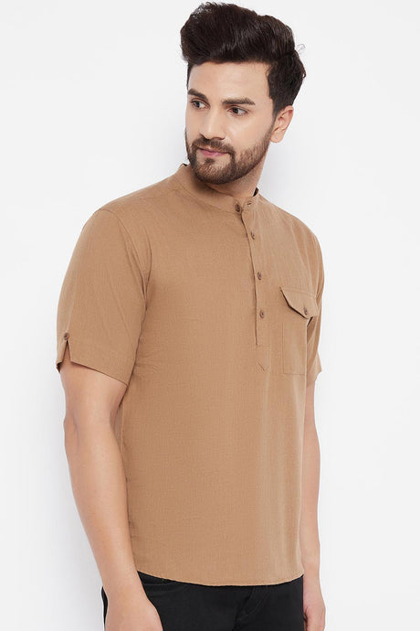 Buy Blended Cotton Solid Kurta in Beige Online - Side