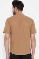 Buy Blended Cotton Solid Kurta in Beige Online - Zoom In