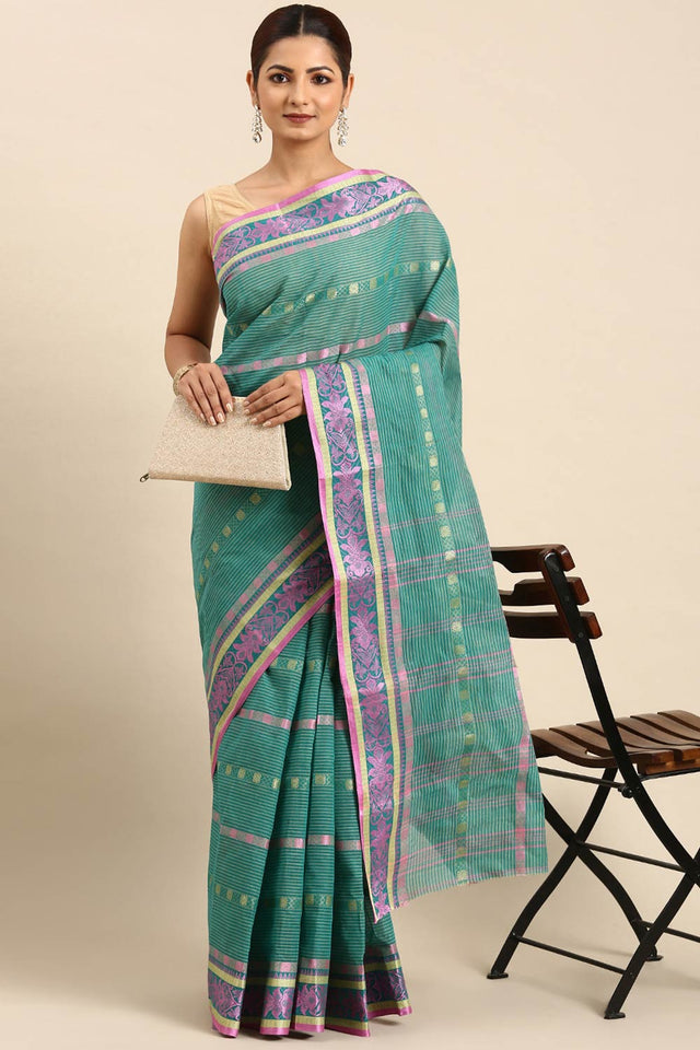 Green Cotton Block Saree