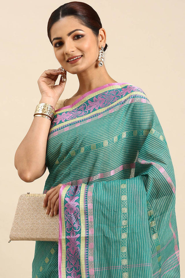 Green Cotton Block Saree