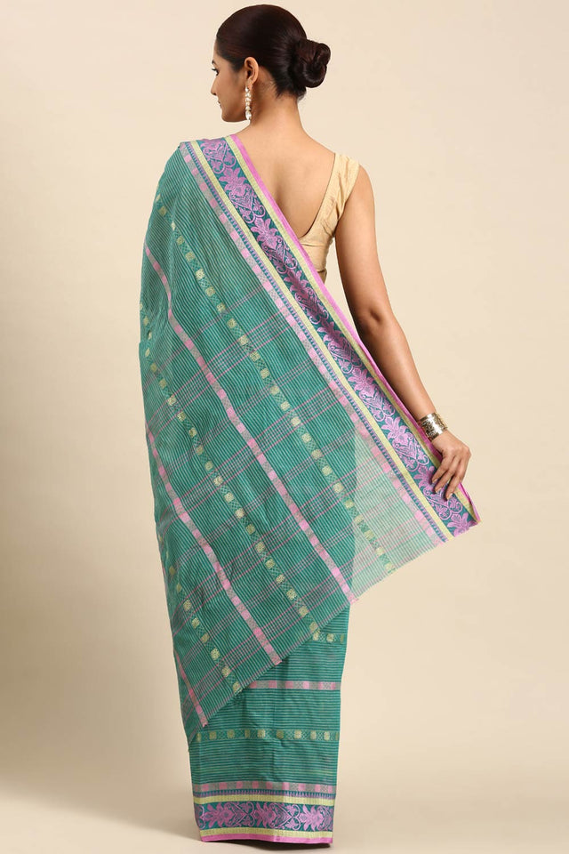 Green Cotton Block Saree