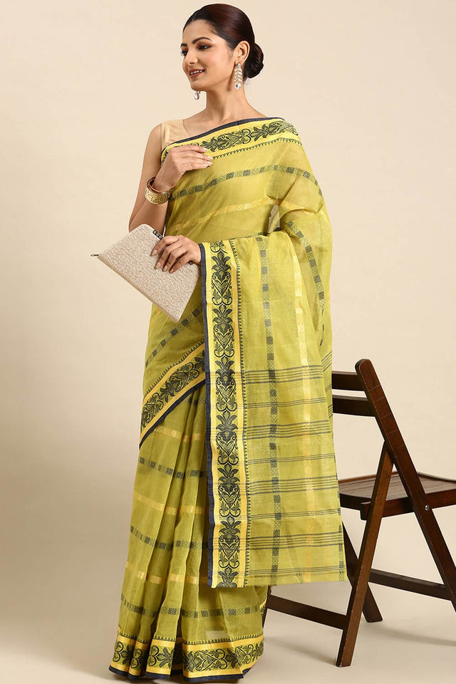 Green Cotton Block Saree