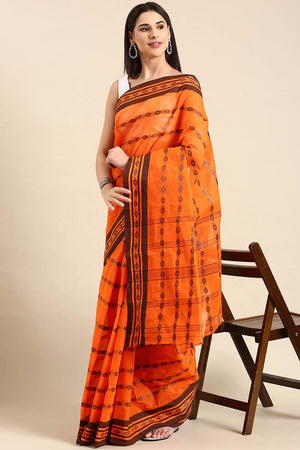 Orange Cotton Block Saree