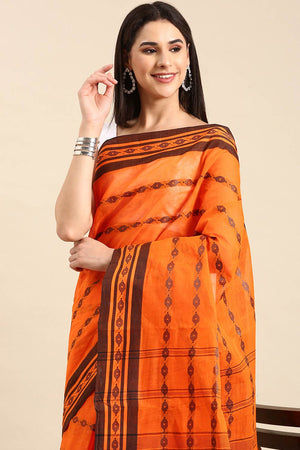 Orange Cotton Block Saree