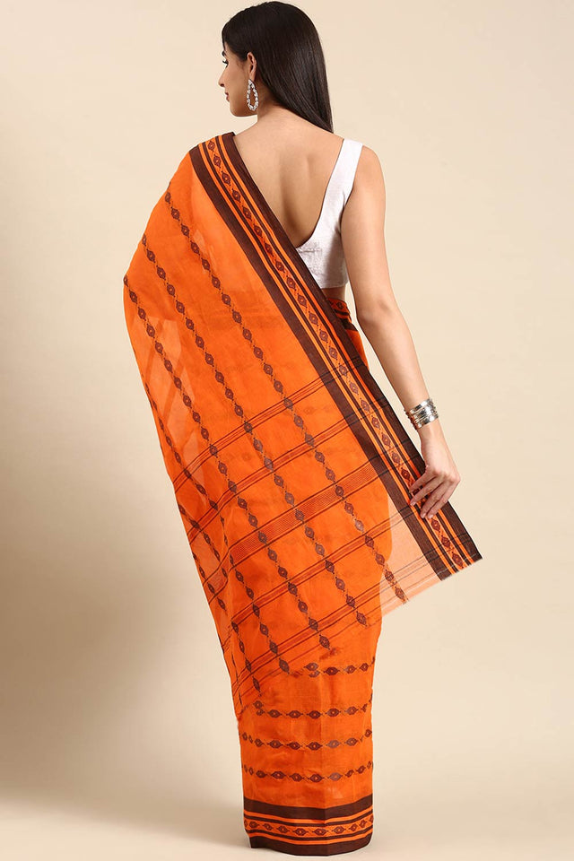 Orange Cotton Block Saree